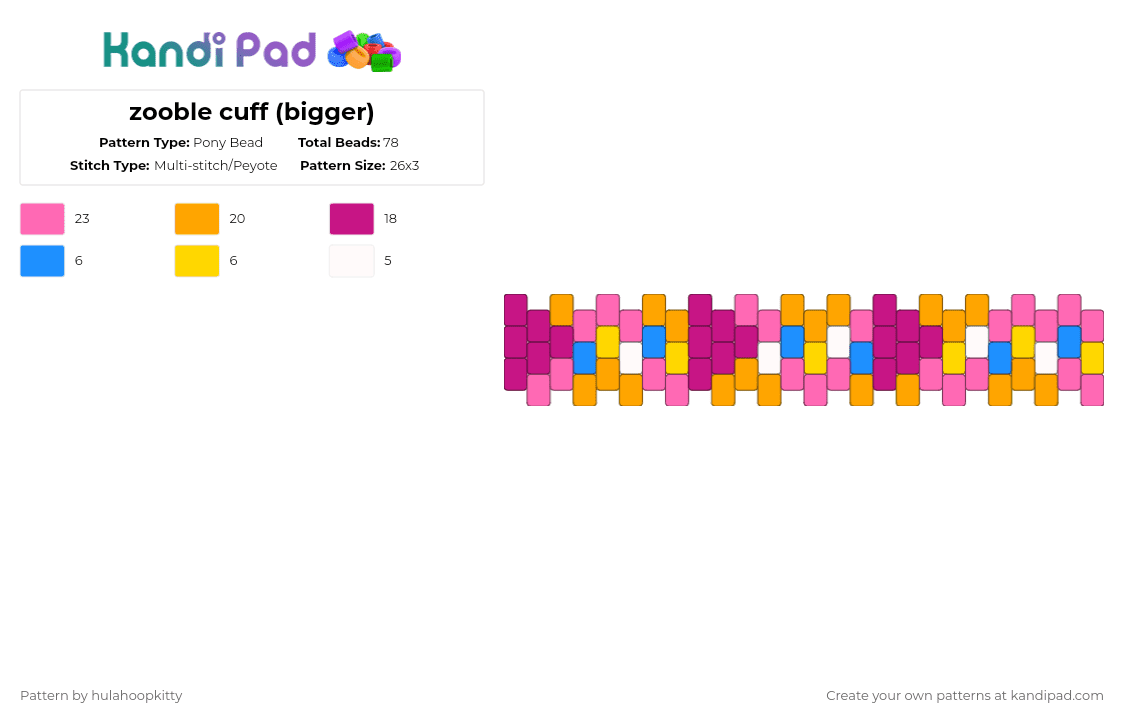 Zooble Cuff (bigger) - Pony Bead Pattern by hulahoopkitty on Kandi Pad - pink,orange