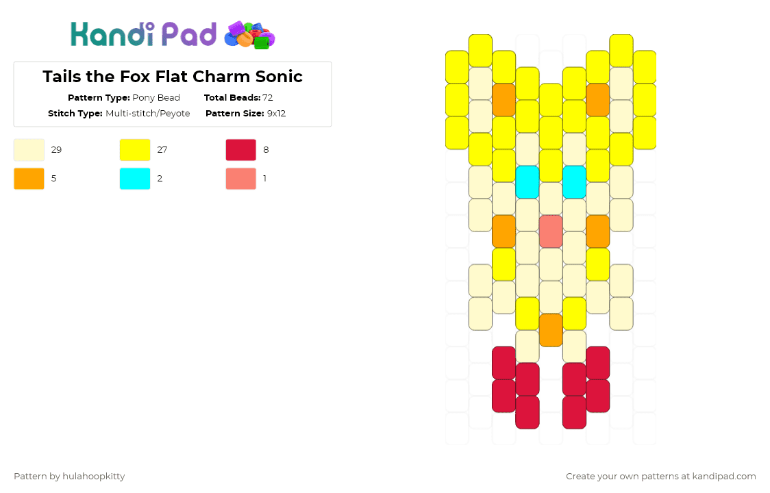 Tails the Fox Flat Charm Sonic - Pony Bead Pattern by hulahoopkitty on Kandi Pad - yellow,sonic,tails,charm,fox