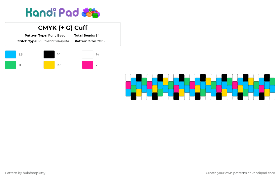CMYK (+ G) Cuff - Pony Bead Pattern by hulahoopkitty on Kandi Pad - light blue,cmyk,rbg,rainbow,pink,blue,yellow,green,colorful