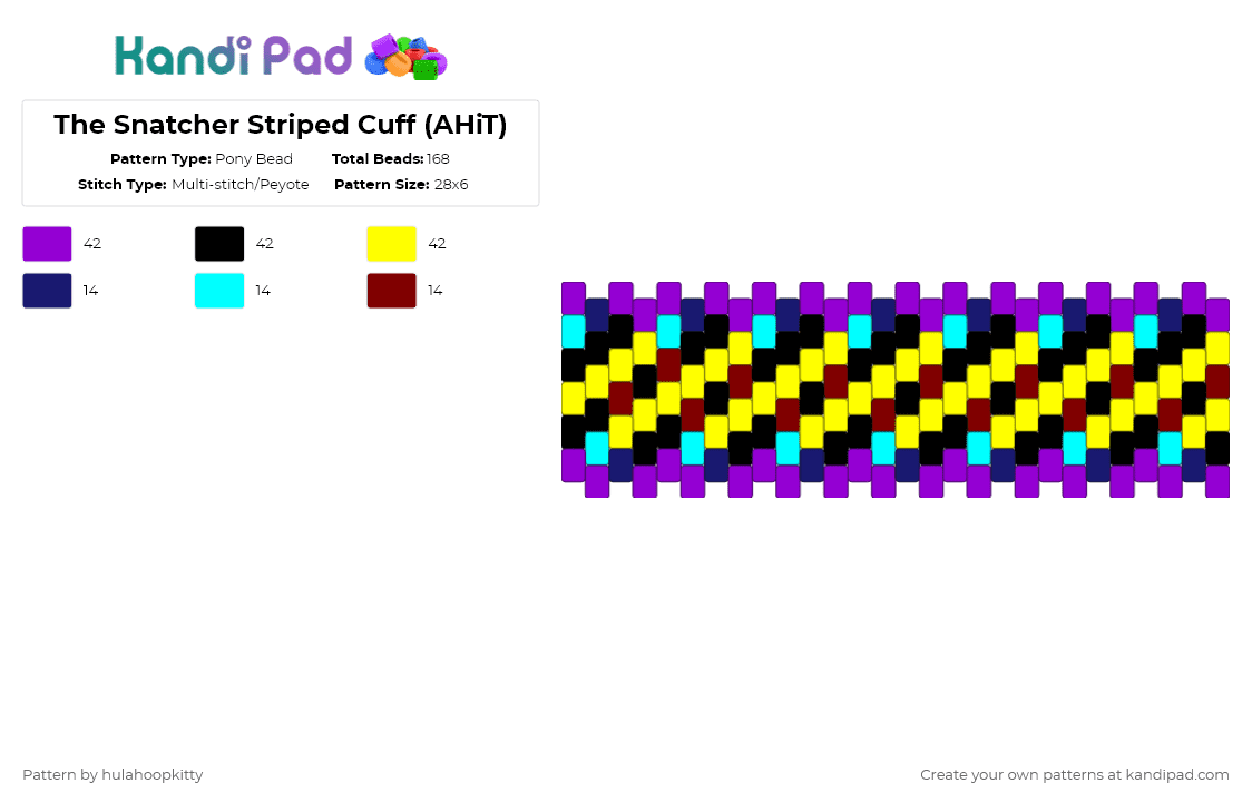 The Snatcher Striped Cuff (AHiT) - Pony Bead Pattern by hulahoopkitty on Kandi Pad - purple,yellow,ahit,a hat in time,ahatintime,snatcher,video game