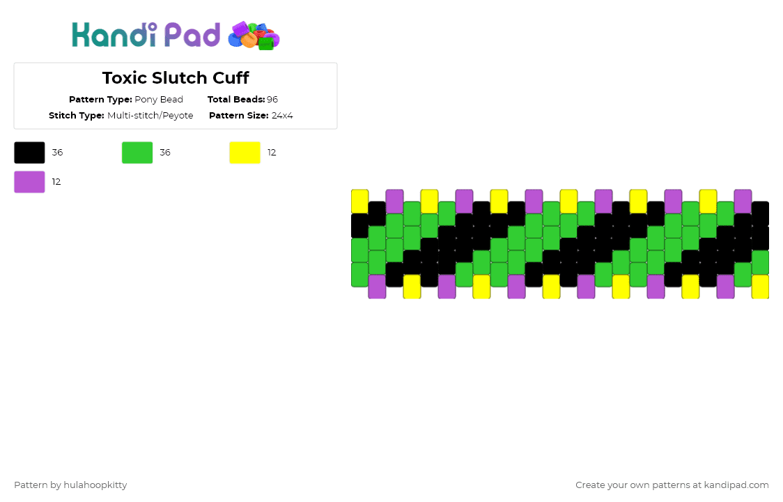 Toxic Slutch Cuff - Pony Bead Pattern by hulahoopkitty on Kandi Pad - green,black,purple,yellow
