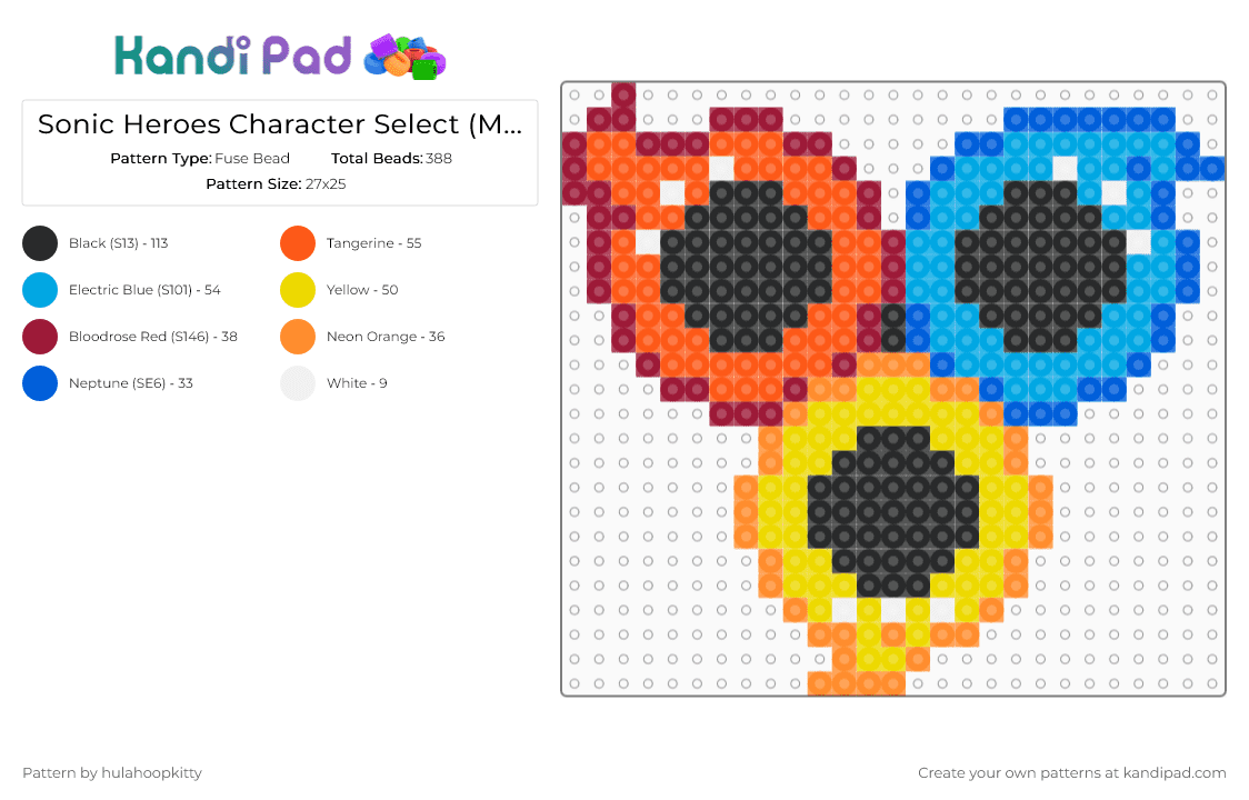 Sonic Heroes Character Select (Medium) - Fuse Bead Pattern by hulahoopkitty on Kandi Pad - orange,light blue,yellow,sonic heroes,sonic,sonic the hedgehog,videogames,tails,knuckles,game,red