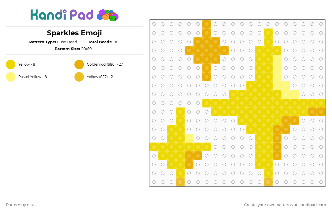 Sparkles Emoji - Fuse Bead Pattern by ditaa on Kandi Pad - yellow,sparkles,emoji,stars,bigstar,yellowemoji,yellowsparkles