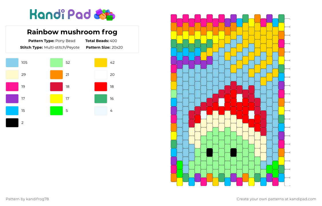 Rainbow mushroom frog - Pony Bead Pattern by kandifrog78 on Kandi Pad - light blue,yellow,teal
