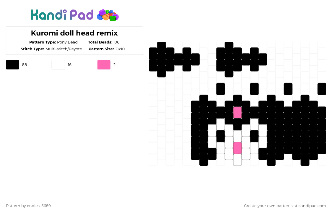 Kuromi doll head remix - Pony Bead Pattern by endless5689 on Kandi Pad - black,white