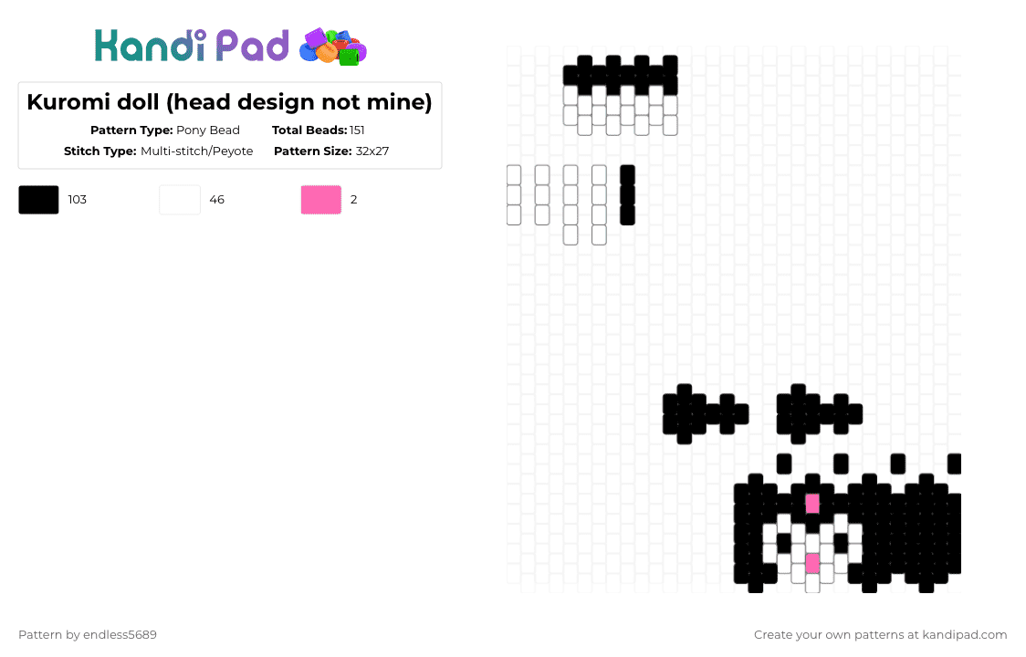Kuromi doll (head design not mine) - Pony Bead Pattern by endless5689 on Kandi Pad - black,white