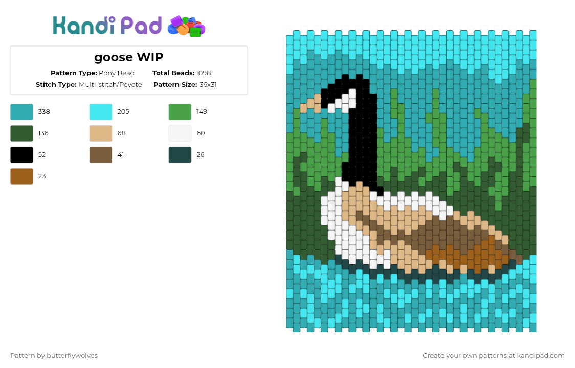 Goose Keychain - Pony Bead Pattern by butterflywolves on Kandi Pad - goose,landscape,pond,panel,tapestry,animal,nature,light blue,teal,green