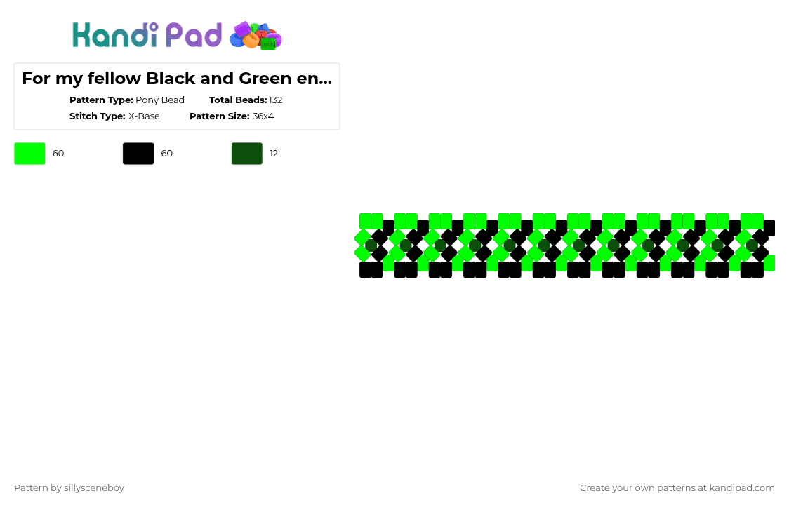 For my fellow Black and Green enjoyers :3 - Pony Bead Pattern by sillysceneboy on Kandi Pad - green,black