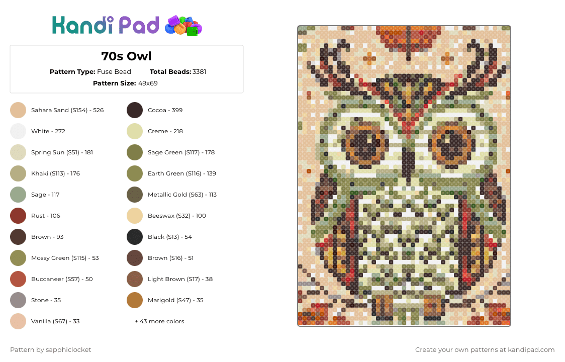 70s Owl - Fuse Bead Pattern by sapphiclocket on Kandi Pad - gold,beige,brown