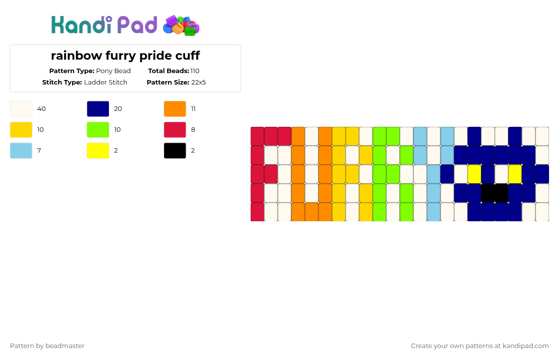 rainbow furry pride cuff - Pony Bead Pattern by that1furrygalbeingtherian on Kandi Pad - orange,yellow,purple