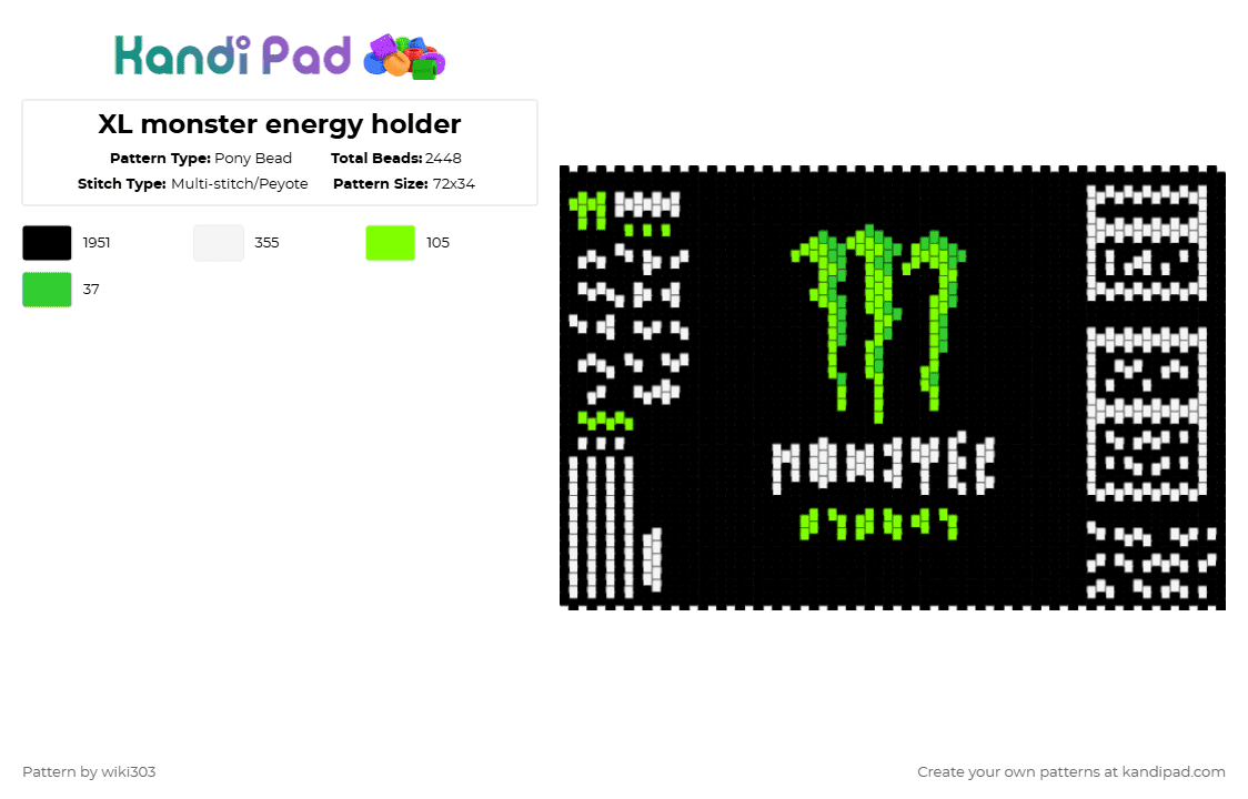 XL monster energy holder - Pony Bead Pattern by wiki303 on Kandi Pad - black,white,green