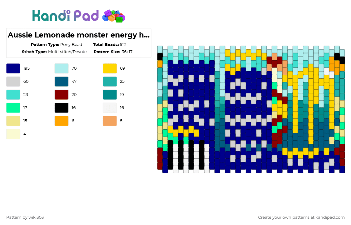 Aussie Lemonade monster energy holder - Pony Bead Pattern by wiki303 on Kandi Pad - light blue,yellow,purple