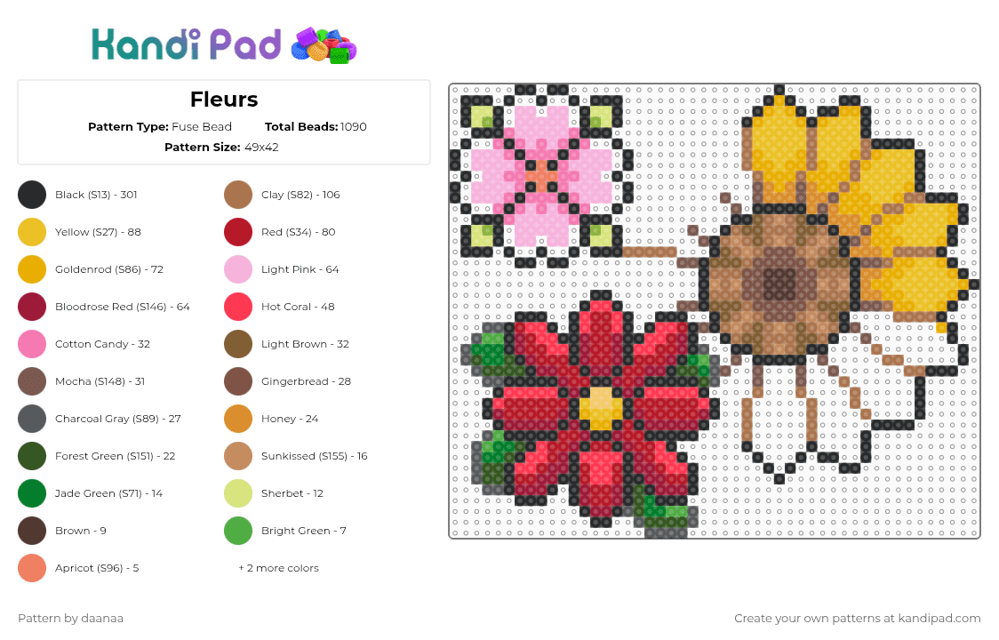 Fleurs - Fuse Bead Pattern by daanaa on Kandi Pad - pink,red,colorful