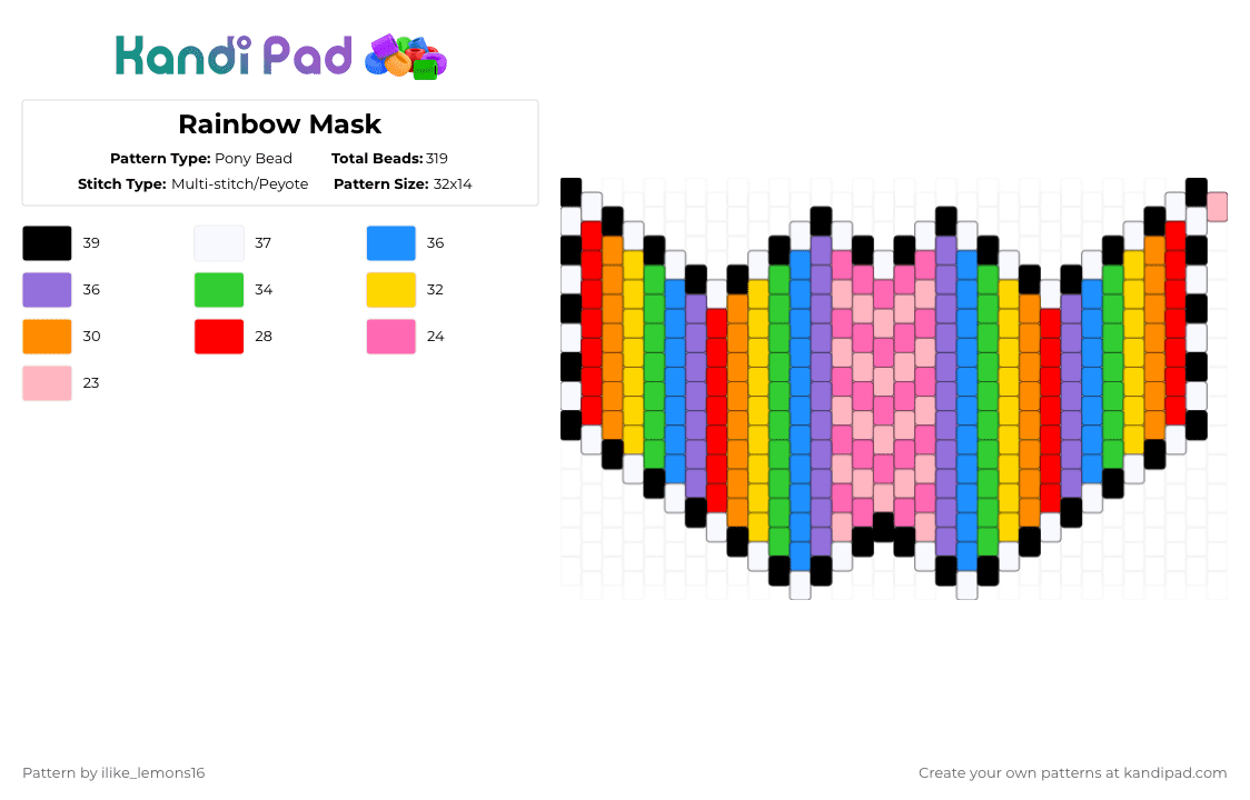 Rainbow Mask - Pony Bead Pattern by ilike_lemons16 on Kandi Pad - yellow,purple,colorful