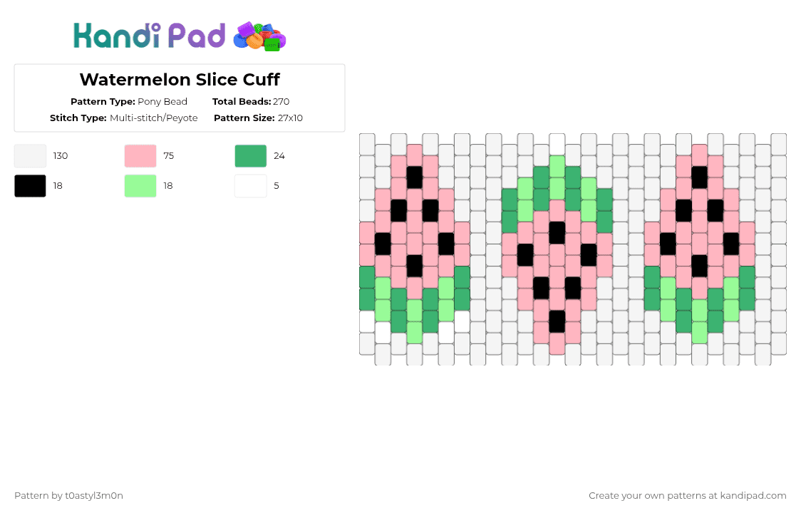 Watermelon Slice Cuff - Pony Bead Pattern by t0astyl3m0n on Kandi Pad - white,pink,fruit,cuff,pastel