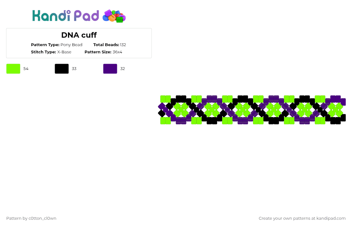 DNA cuff - Pony Bead Pattern by c0tton_cl0wn on Kandi Pad - green,purple,dna,cuff