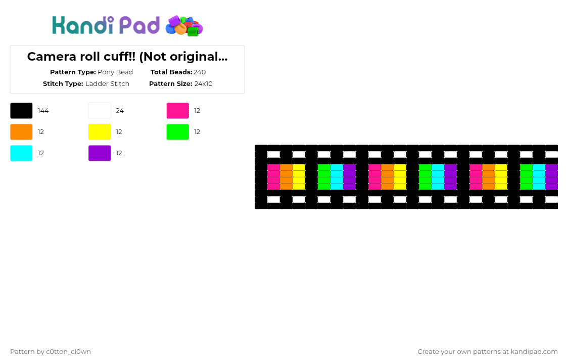 Camera roll cuff!! (Not originally mine!!) - Pony Bead Pattern by c0tton_cl0wn on Kandi Pad - black,orange,green,purple,colorful,camera roll,camera