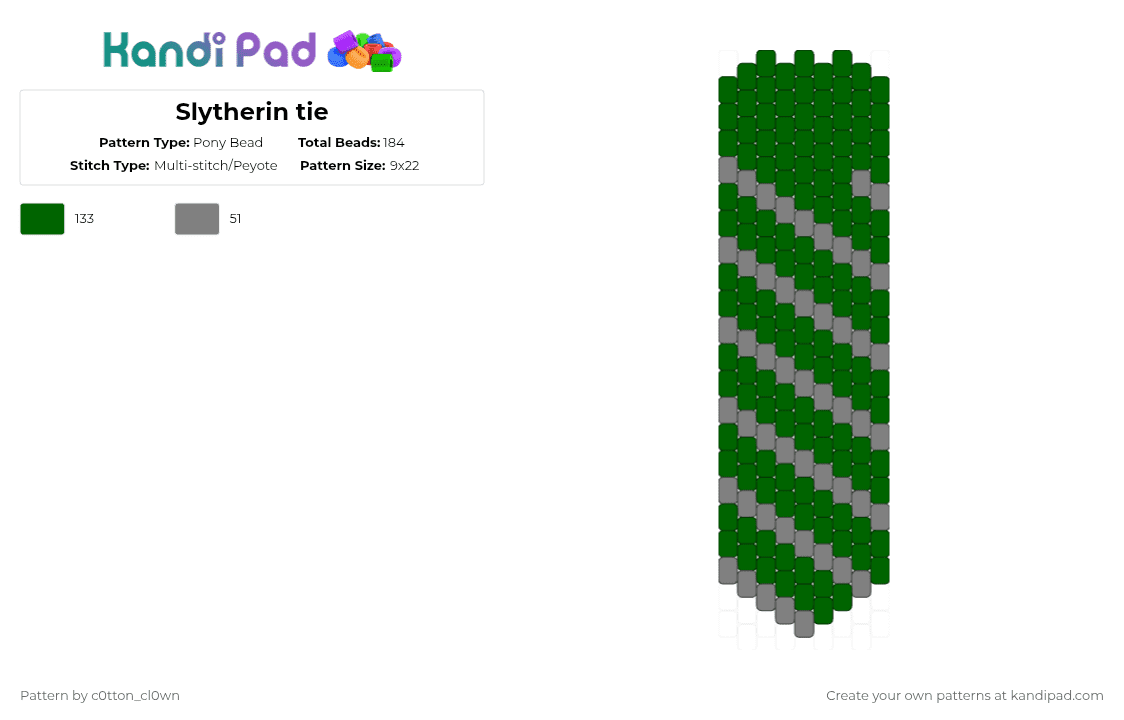 Slytherin tie - Pony Bead Pattern by c0tton_cl0wn on Kandi Pad - gray, green, harry potter, slytherin, tie