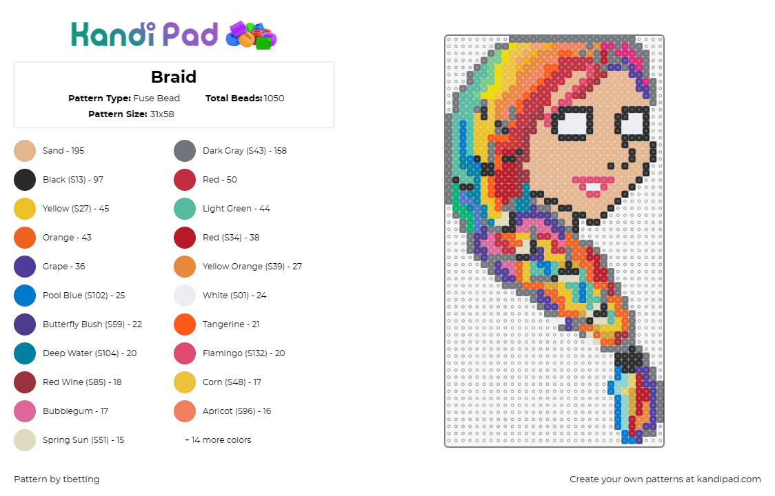 Braid - Fuse Bead Pattern by tbetting on Kandi Pad - braid,hair,rainbow,whimsical,colorful,hairstyle,vibrant