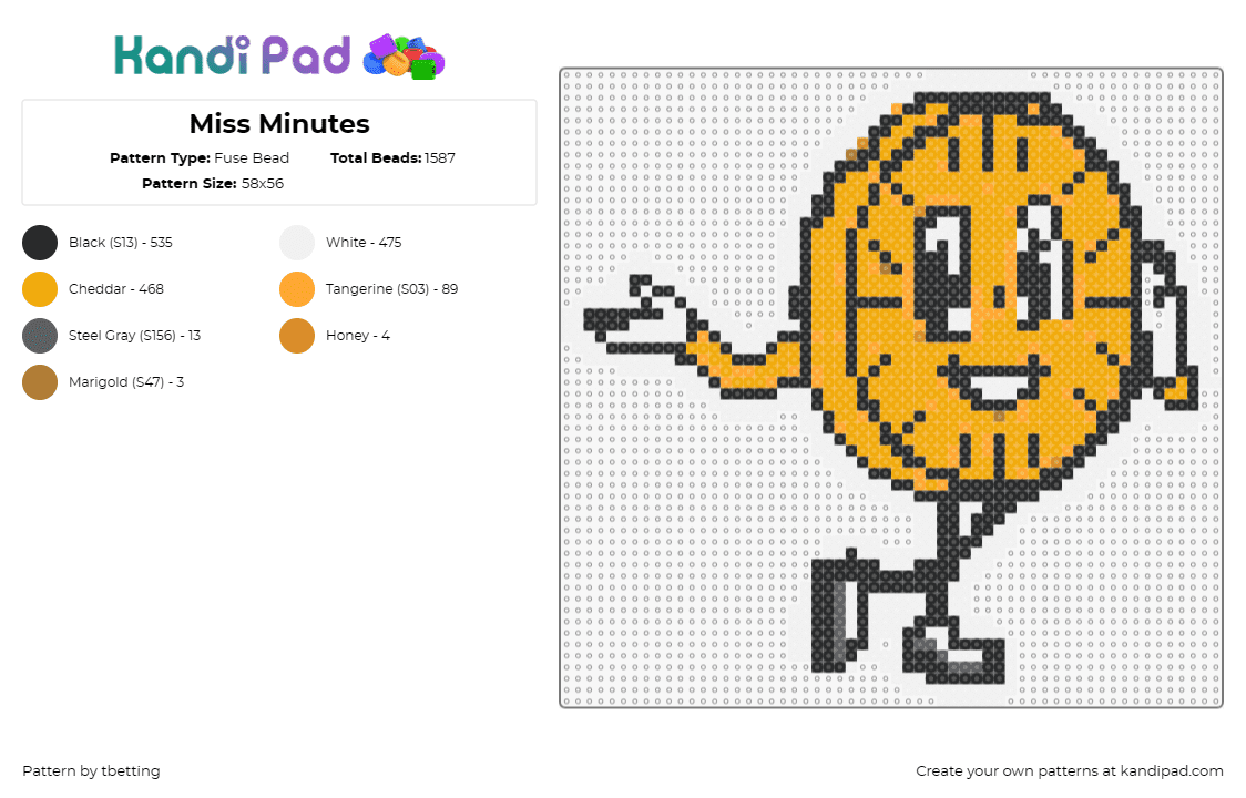 Miss Minutes - Fuse Bead Pattern by tbetting on Kandi Pad - miss minutes,loki,marvel,timekeeper,comic book,playful,animation,orange,black