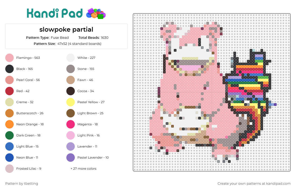 slowpoke partial - Fuse Bead Pattern by tbetting on Kandi Pad - slowpoke,pokemon,character,anime,gaming,creature,whimsical,relaxed,pink