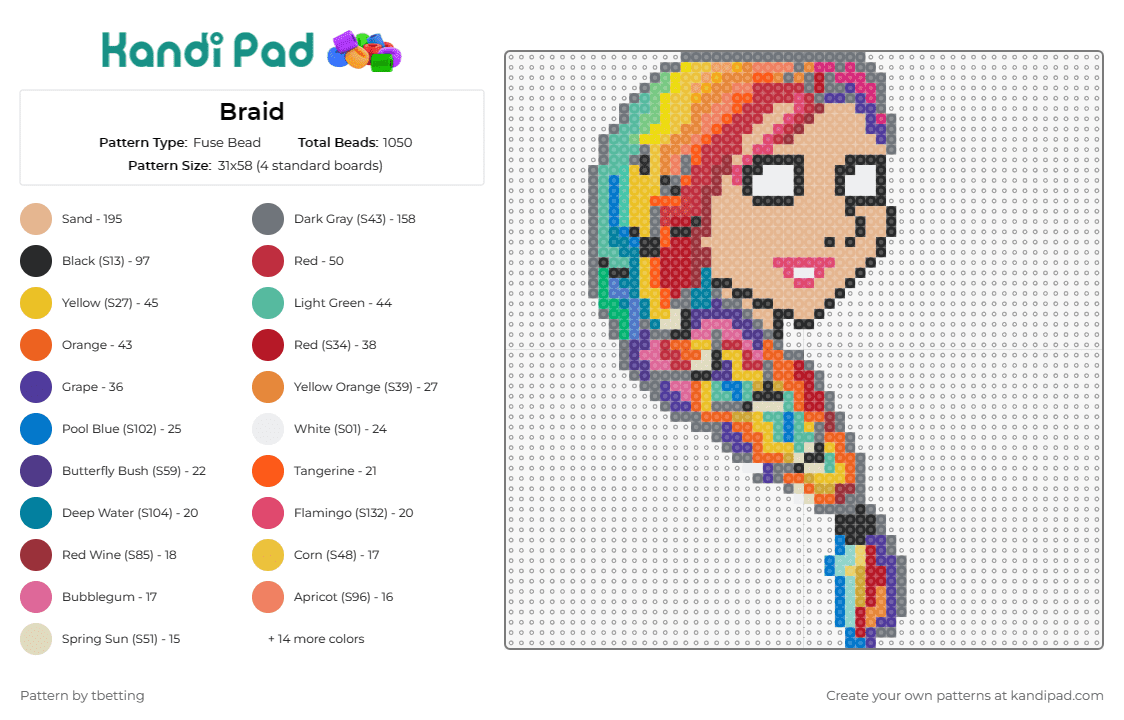 Braid - Fuse Bead Pattern by tbetting on Kandi Pad - braid,hair,rainbow,whimsical,colorful,hairstyle,vibrant