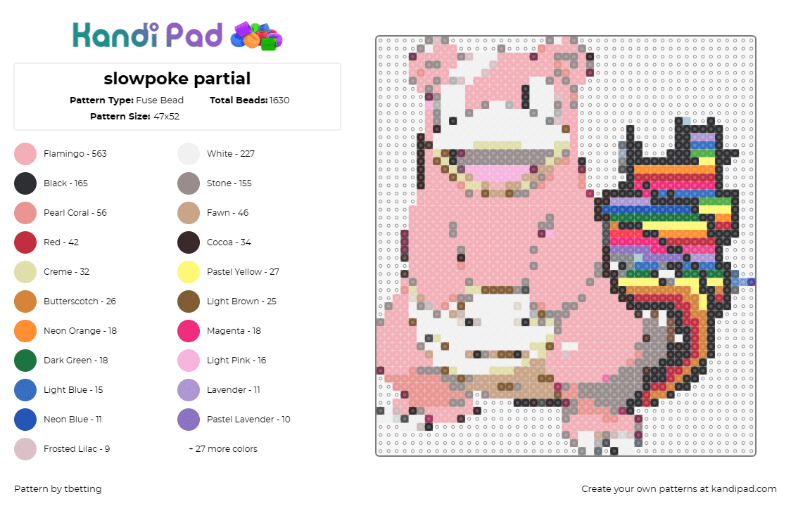 slowpoke partial - Fuse Bead Pattern by tbetting on Kandi Pad - slowpoke,pokemon,character,anime,gaming,creature,whimsical,relaxed,pink