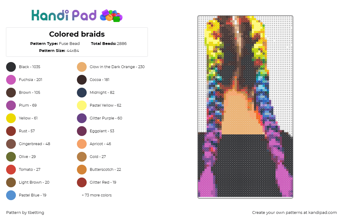 Colored braids - Fuse Bead Pattern by tbetting on Kandi Pad - braids,colorful,hair