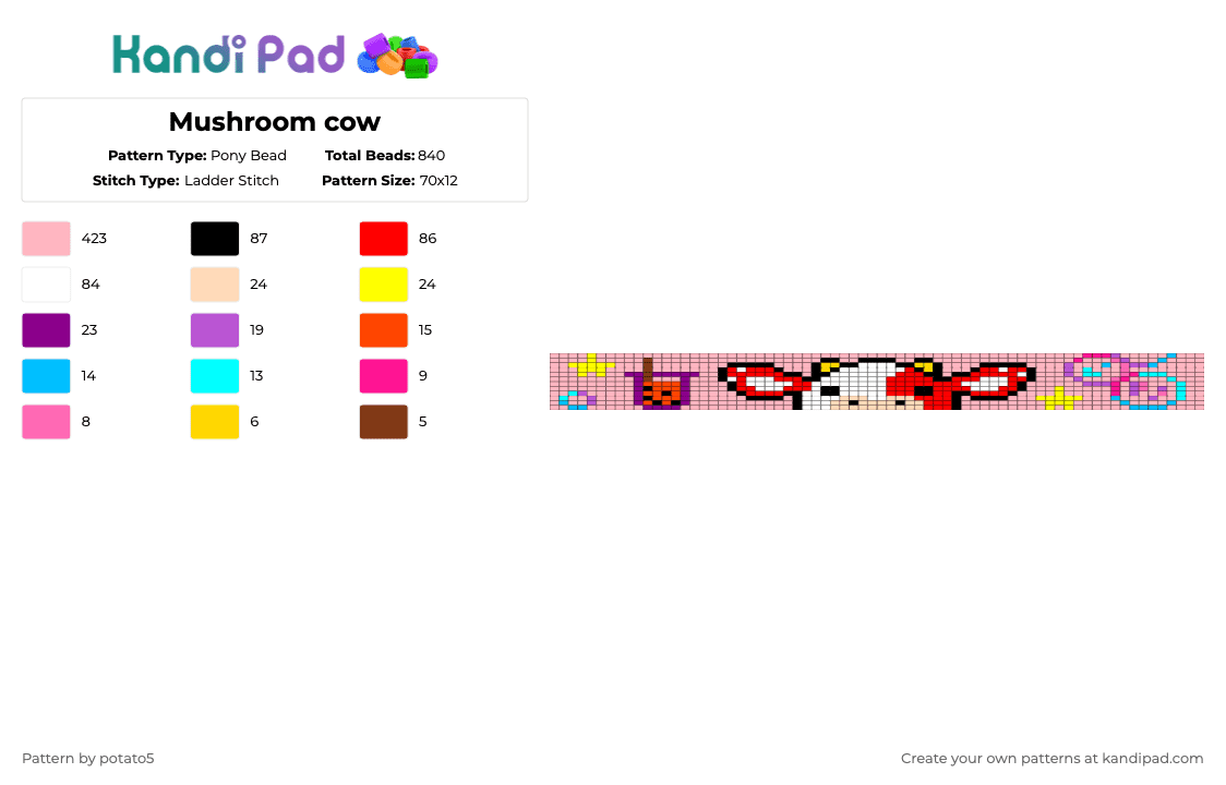 Mushroom cow - Pony Bead Pattern by potato5 on Kandi Pad - pink,cow,mushroom,minecraft