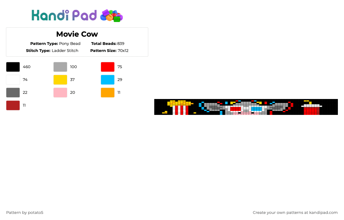 Movie Cow - Pony Bead Pattern by potato5 on Kandi Pad - black,red,beige,movie,cow