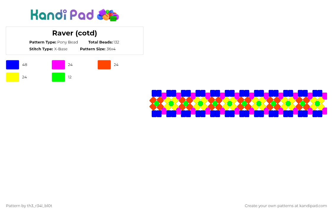 Raver (cotd) - Pony Bead Pattern by deleted_user_940282 on Kandi Pad - purple,cotdraverculture,raver,neon