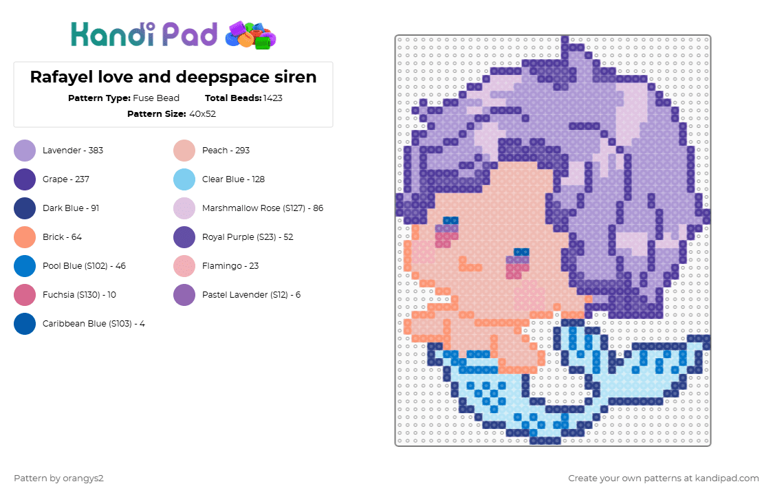 Rafayel love and deepspace siren - Fuse Bead Pattern by orangys2 on Kandi Pad - mermaid,merman,purple,beige,pink