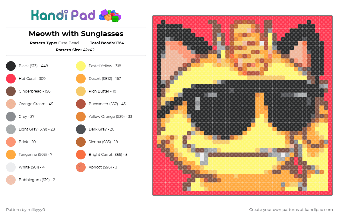 Meowth with Sunglasses - Fuse Bead Pattern by milkyyy0 on Kandi Pad - orange, red, yellow