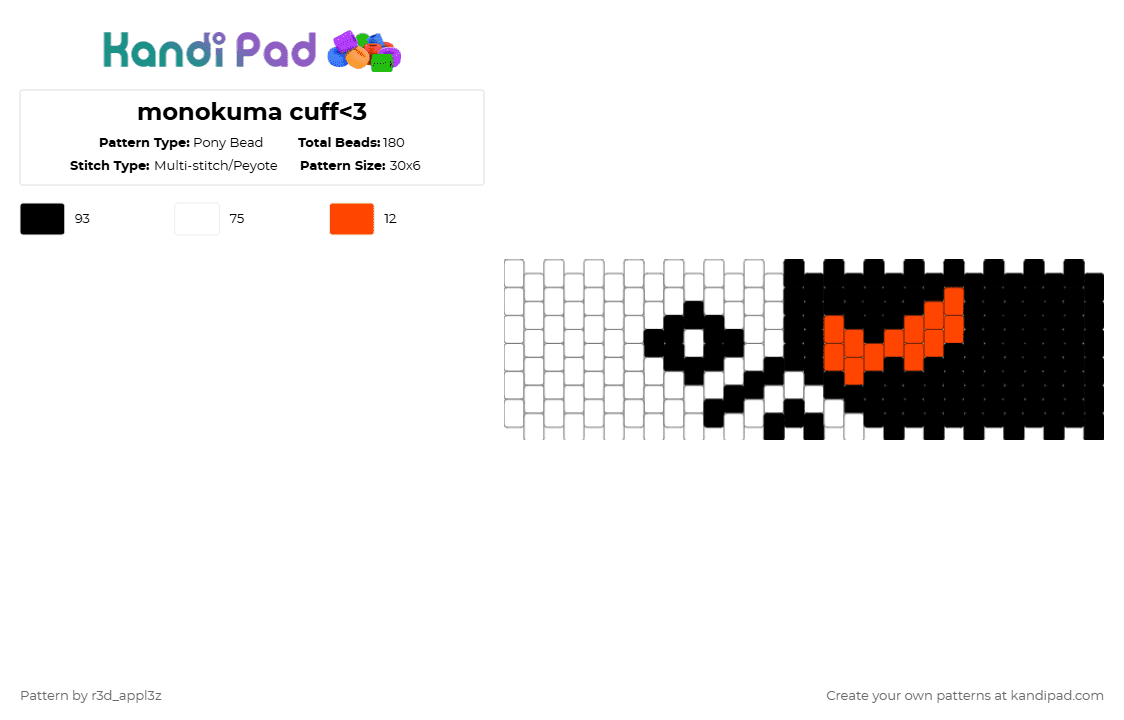 monokuma cuff - Pony Bead Pattern by r3d_appl3z on Kandi Pad - white,monokuma,danganronpa,bear,anime,manga,japanesse