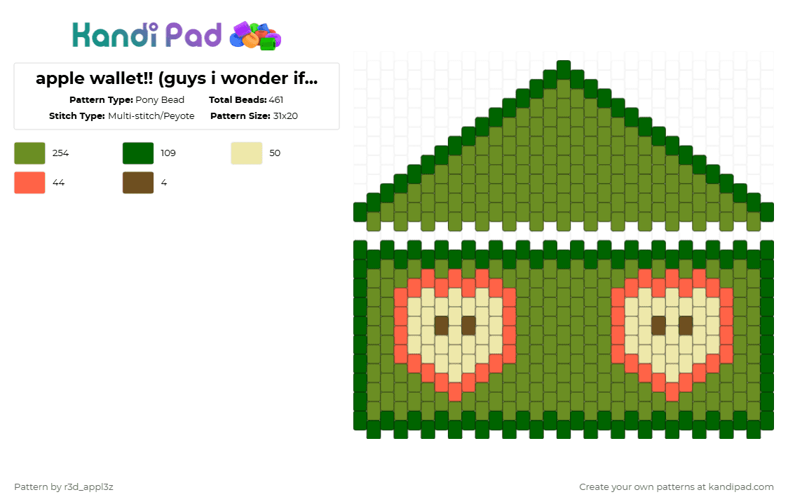 apple wallet!! (guys i wonder if i like apples...) - Pony Bead Pattern by r3d_appl3z on Kandi Pad - green,apple,apple jack,wallet,bag,cute,twee,whimsy