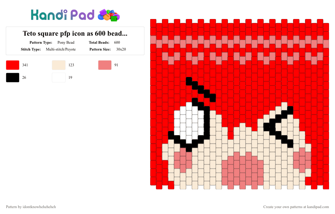Teto square pfp icon as 600 bead project 5 color (red, tan, white, pink, black) Vocaloid - Pony Bead Pattern by idontknowheheheheh on Kandi Pad - red,teto,vocaloid,icon,pfp,art,kandi,large project,music