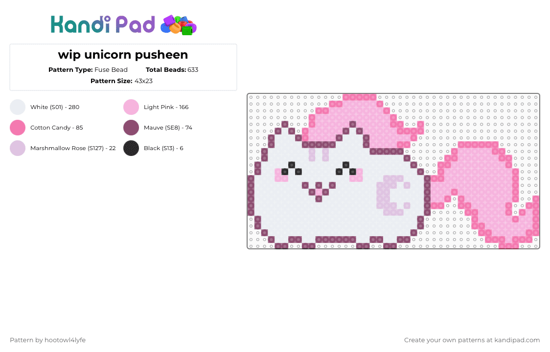 Unicorn Pusheen (WIP) - Fuse Bead Pattern by owlcitynerd09 on Kandi Pad - pink,white
