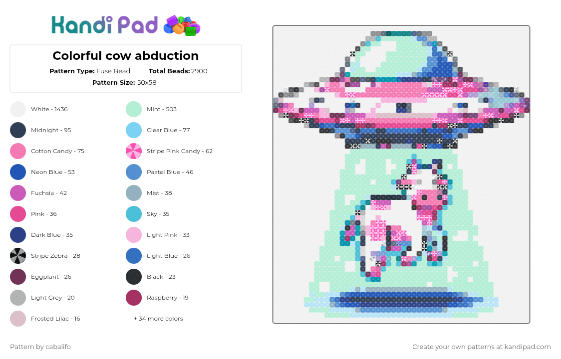 Colorful cow abduction - Fuse Bead Pattern by cabalifo on Kandi Pad - white,light blue,pink
