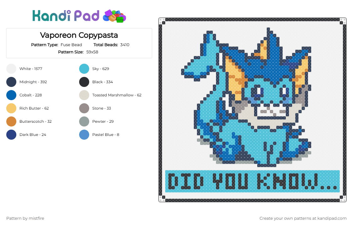 Vaporeon Copypasta - Fuse Bead Pattern by mistfire on Kandi Pad - white,purple,blue,light blue