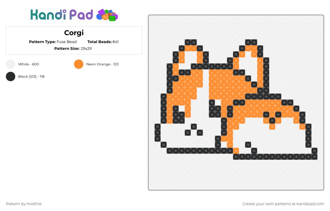 Corgi - Fuse Bead Pattern by mistfire on Kandi Pad - corgi,dog,booty,cute,animal,white