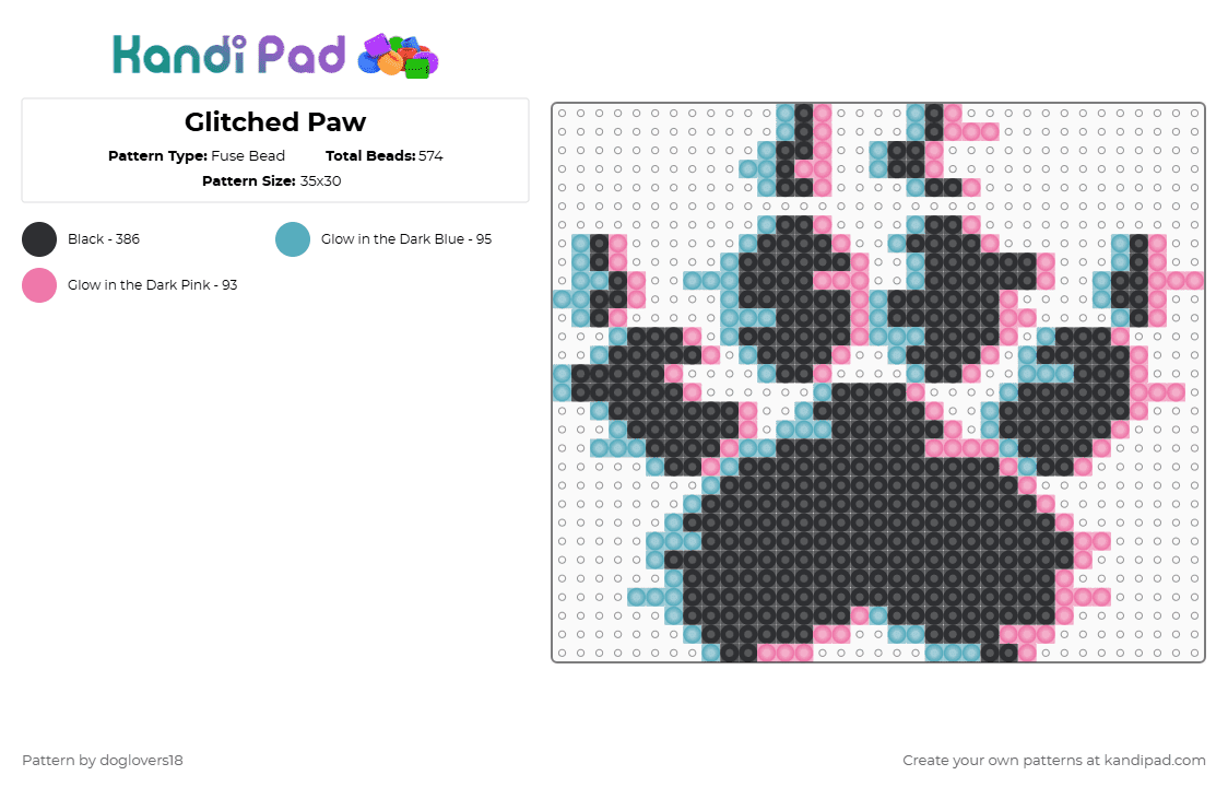 Glitched Paw - Fuse Bead Pattern by doglovers18 on Kandi Pad - black,pink,light blue,cotdglitchart,blue,glow,paw,dog