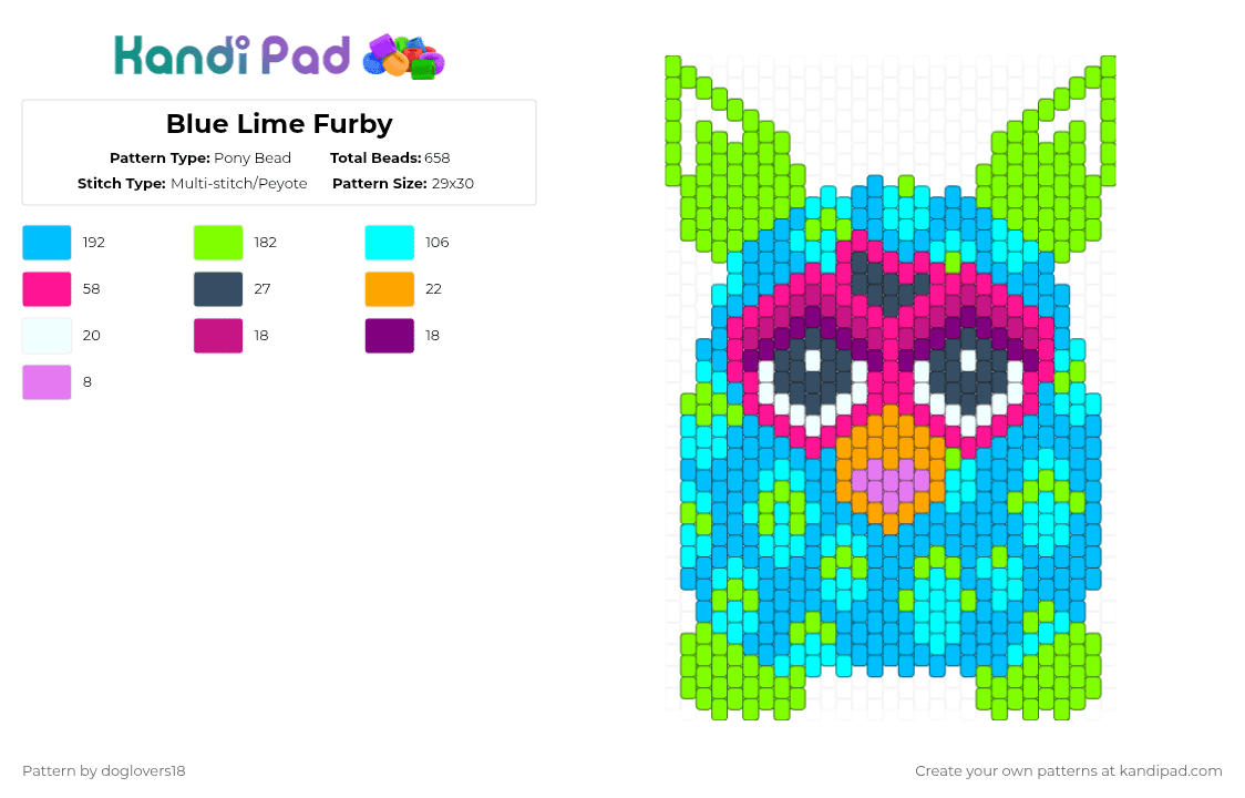 Blue Lime Furby - Pony Bead Pattern by doglovers18 on Kandi Pad - light blue,green,furby,blue,animal,toy