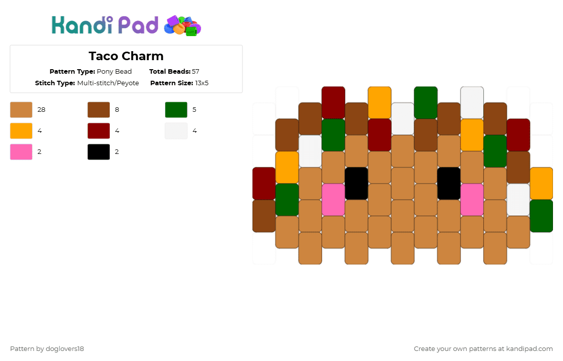 Taco Charm - Pony Bead Pattern by doglovers18 on Kandi Pad - cute,food,orange,red,cotdtacos,taco,blush,tan,charm