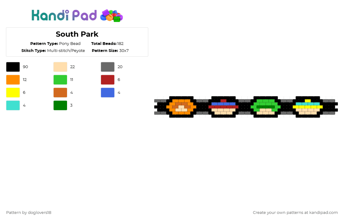 South Park - Pony Bead Pattern by doglovers18 on Kandi Pad - stan marsh,kyle broflovski,eric cartman,kenny mccormick,comedy central,tv show,character,cartoon,anime,black,beige,green,colorful,southpark,bracelet,show