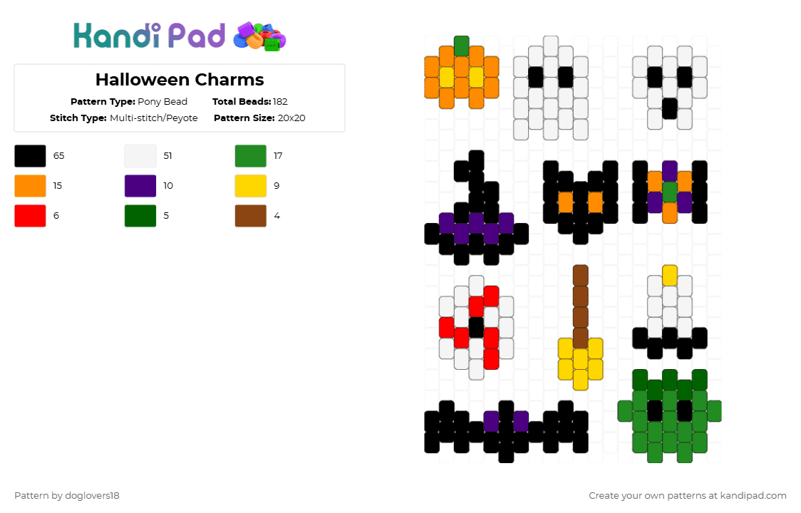 Halloween Charms - Pony Bead Pattern by doglovers18 on Kandi Pad - white,orange,green,cat,bat,ghost,pumpkin,skull,hat,frankenstein,broom