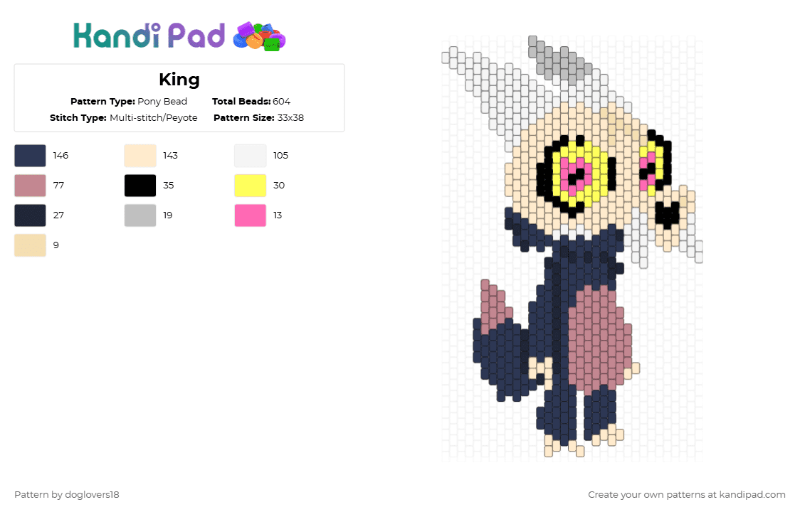 King - Pony Bead Pattern by doglovers18 on Kandi Pad - beige,purple,king,theowlhouse,animal,cartoon,character,peyote,gray,white