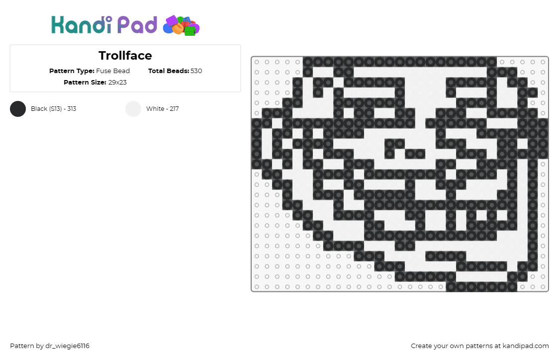 Trollface  - Fuse Bead Pattern by dr_wiegie6116 on Kandi Pad - troll,meme,internet history,humorous,online culture,staple,twist,grayscale