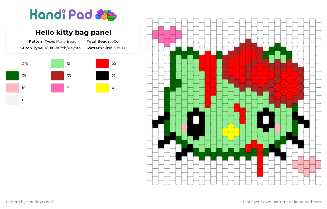 Hello kitty bag panel - Pony Bead Pattern by starkitty885321 on Kandi Pad - hello kitty,zombie,sanrio,halloween,spooky,white,teal,red