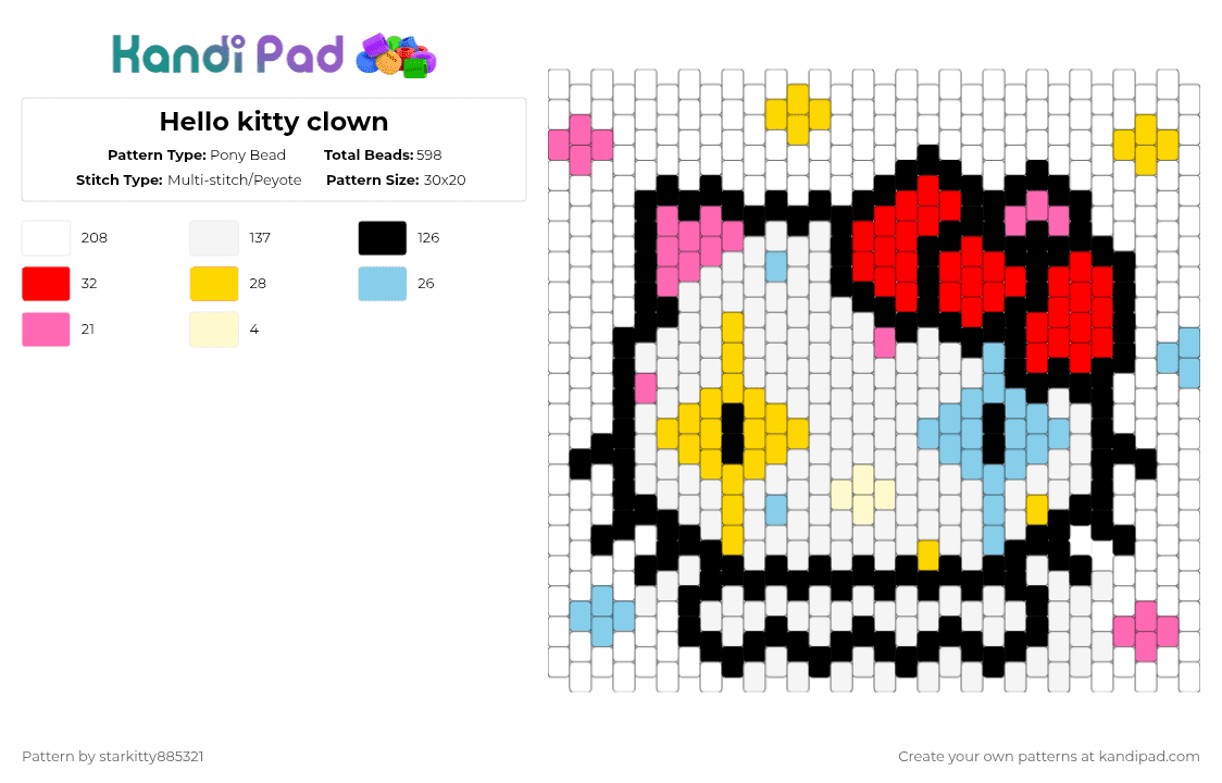 Hello kitty clown - Pony Bead Pattern by starkitty885321 on Kandi Pad - white,red,yellow