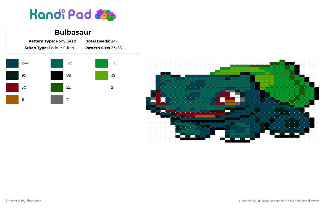 Bulbasaur - Pony Bead Pattern by deqwoe on Kandi Pad - blue, green, teal